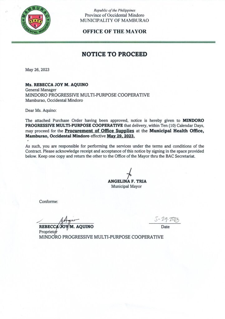 NOTICE TO PROCEED (MPMPC)